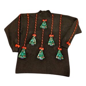 Ugly Christmas Sweater Womens Mock Neck Sequin Christmas Tree Beaded Holiday XL